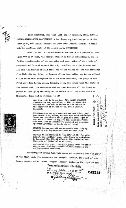 First page of a 1955 warranty deed between United States Steel Corporation and the Duluth, Missabe and Iron Range Railway