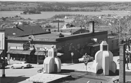 Mid-century view over downtown Ely with a lake in the distance