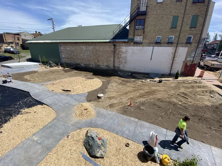 Mulch beds and paths in place with lawn still to come