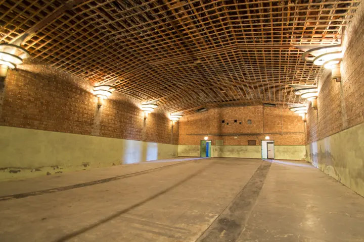 The empty auditorium looking toward the projection booth wall