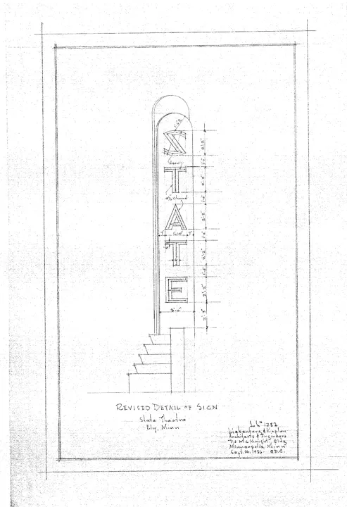 Pencil drawing titled Revised Detail of Sign, State Theatre, Ely, Minn., dated September 14, 1936